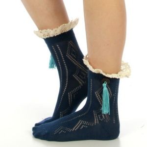 Navy Blue Lace Trim Button Tassel Ankle Boot Socks